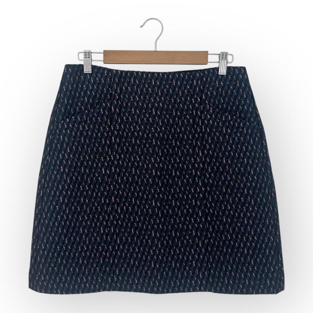 Ann Taylor LOFT Jacquard A-Line Mini Skirt Size 8 Navy Blue Pink Embroidered
